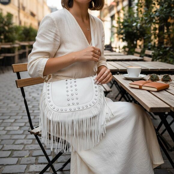 KOGUO White Fringe Shoulder Bag Purse | Studded Western Boho | Women’s Handbag - Picture 2 of 14